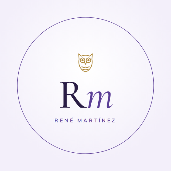 Monograma Rm con un búho, emblema de René Martínez Domingo